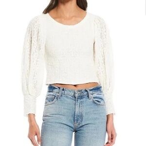 Free People White Lace Tea Time Top Women's Size‎ Large Puff Sleeve Boho Cottage